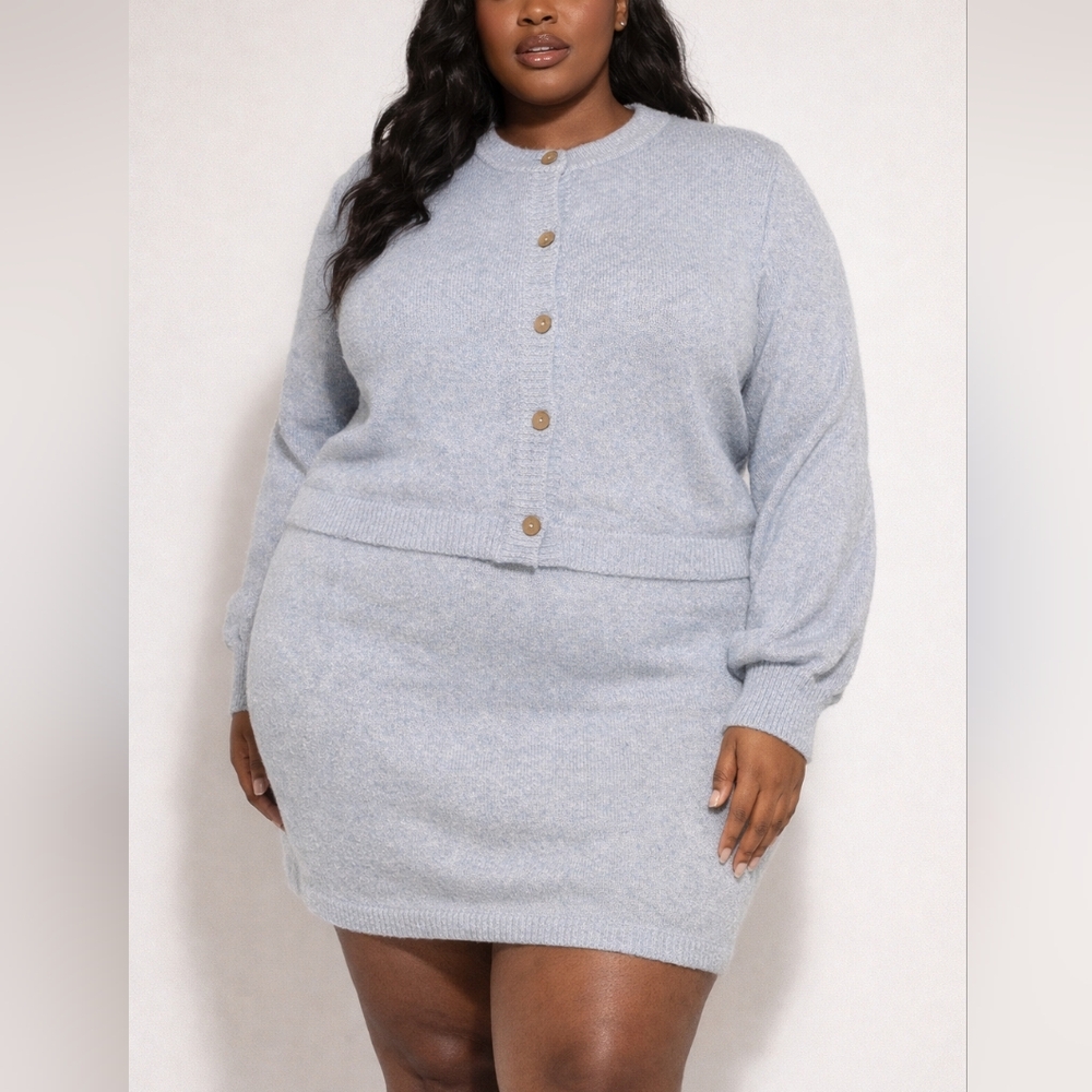 Women's Blue Button-Up Sweater With Skirt Set